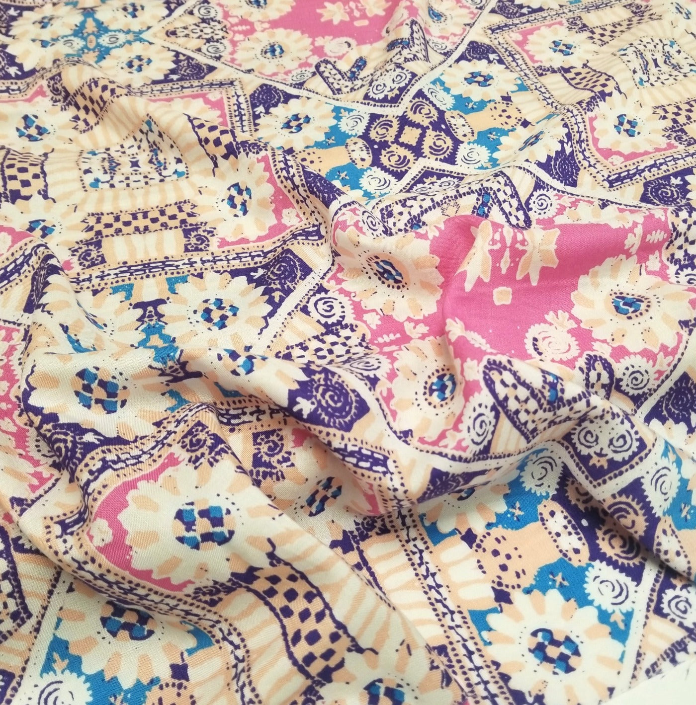 Designer Deadstock Bohemian Pink, Purple and Sky Abstract Rayon Challis Woven- Sold by the yard