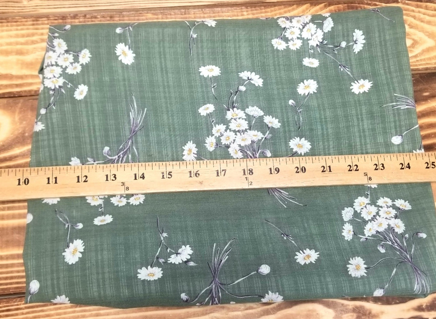 Designer Deadstock Cross Hatch Green With Daisies Cotton Lawn Woven - Sold by the yard