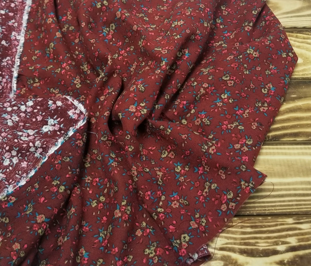 Designer Deadstock Cotton Core Burgundy Floral Cotton Linen Woven-Sold by the yard