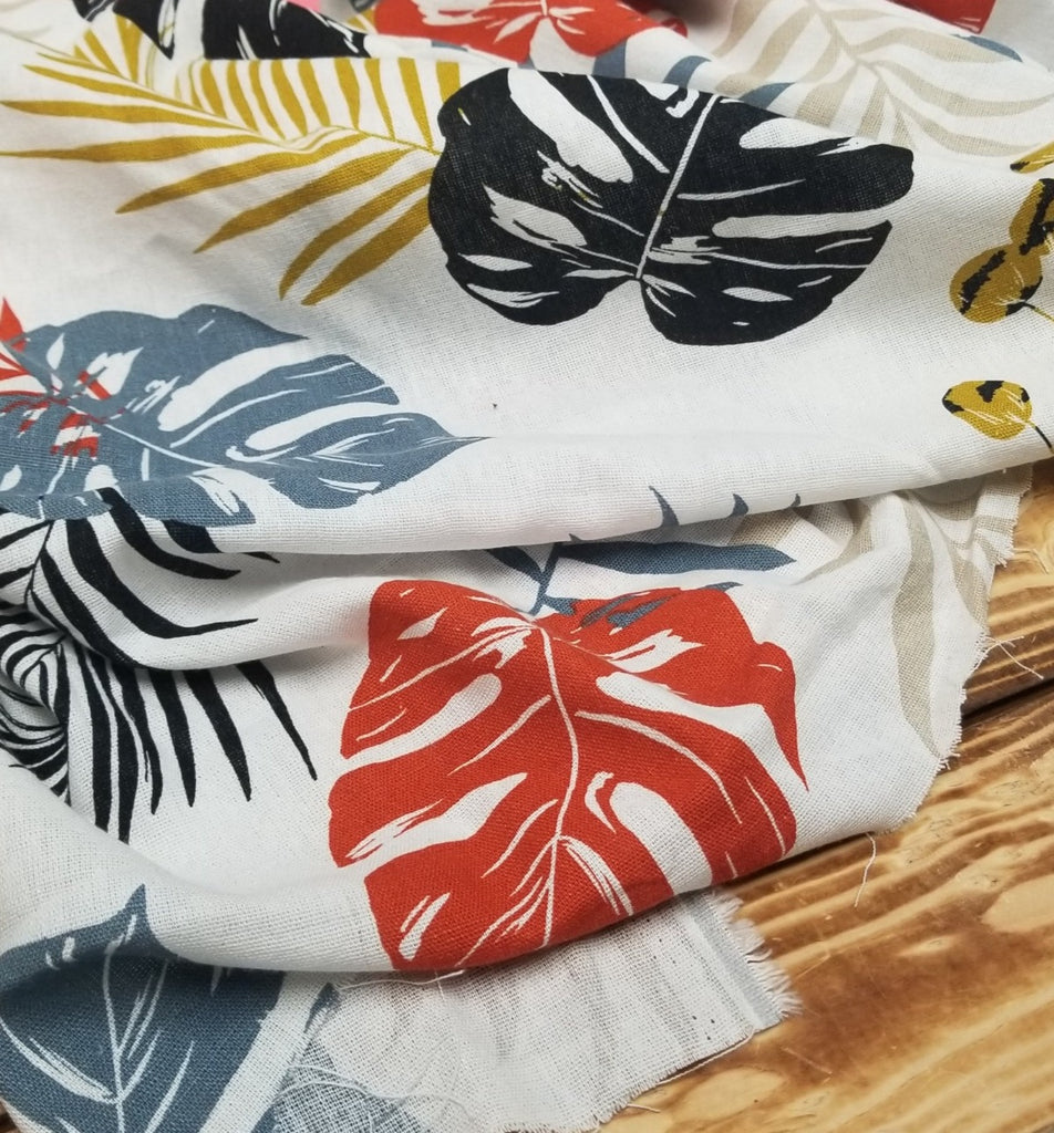 Designer Deadstock Ivory Monstera Tropical Floral Cotton Linen Woven-Sold by the yard