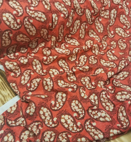 Designer Deadstock Red/Orange Paisley Rayon Challis- Sold by the yard
