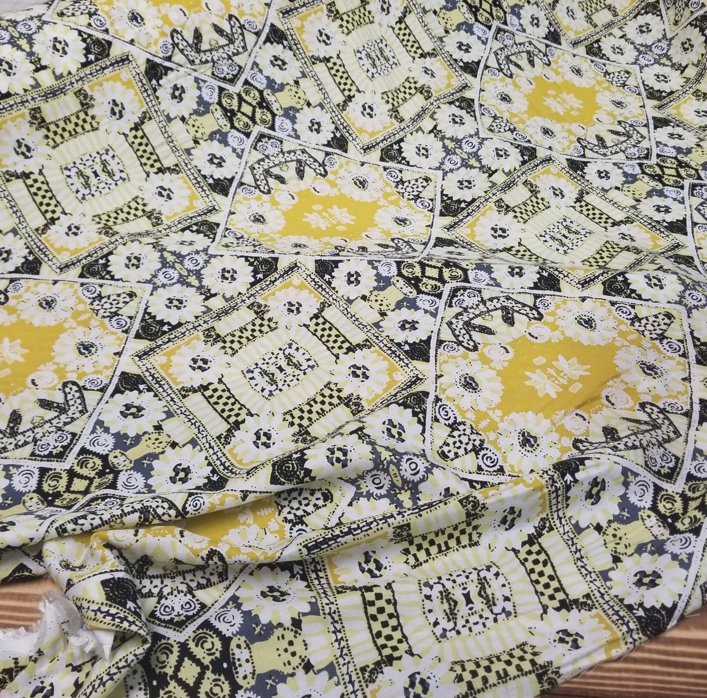 End of Bolt: 5 yards of Designer Deadstock Bohemian Yellow and Black Abstract Rayon Challis Woven-remnant