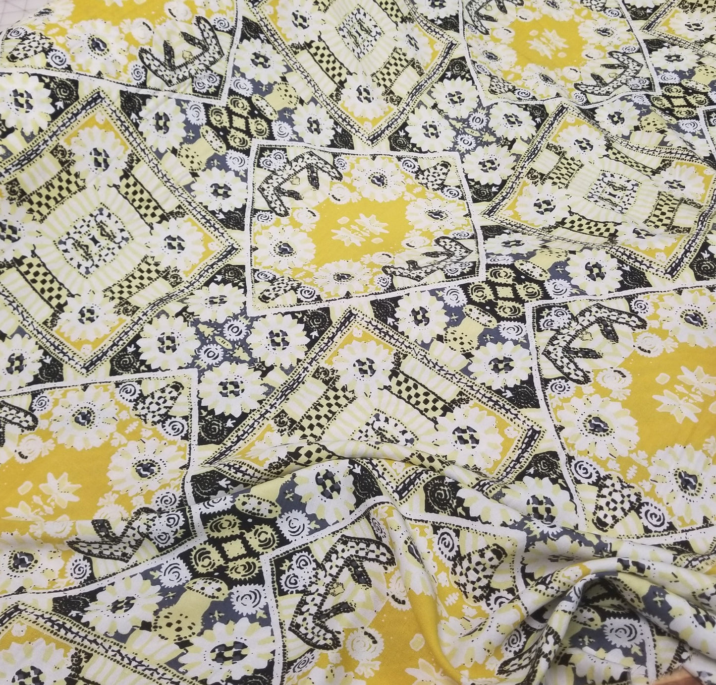 End of Bolt: 5 yards of Designer Deadstock Bohemian Yellow and Black Abstract Rayon Challis Woven-remnant