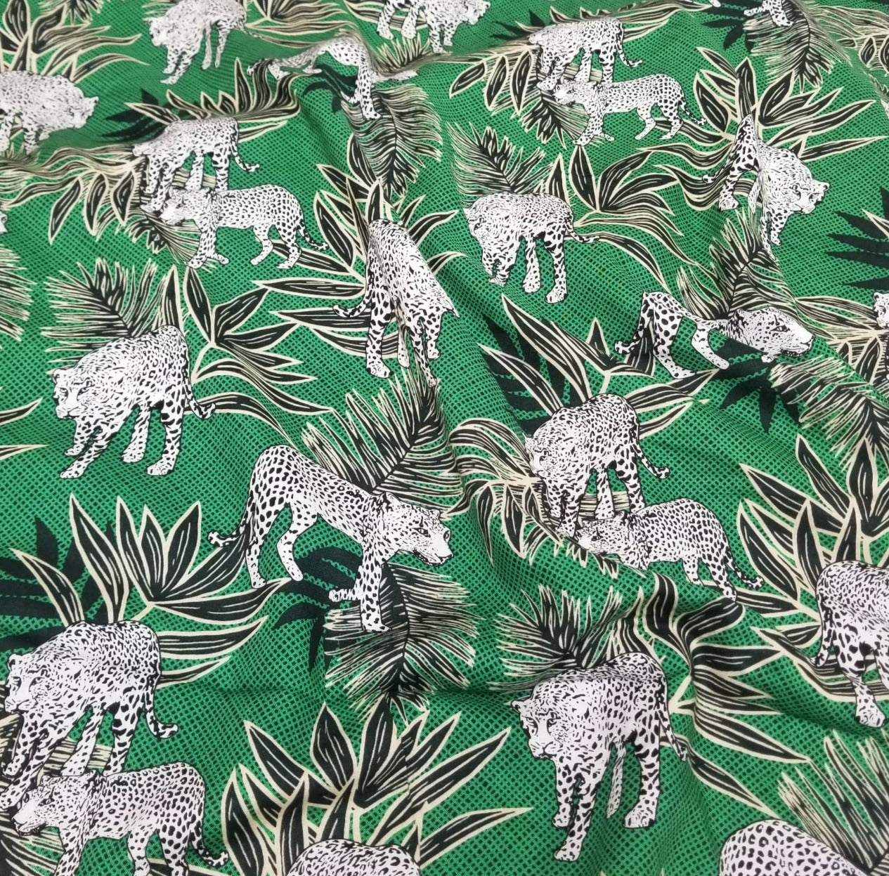 End of Bolt: 1-1/4th yard of Designer Deadstock Green, Khaki, and Navy  Foliage with Cheetahs Rayon Challis  Woven- remnant
