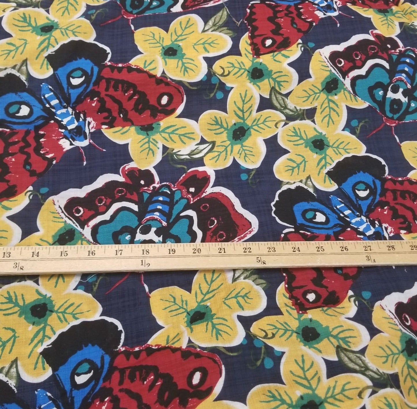 End of BOlt: 4 yards of Designer Deadstock Navy Cross Hatch Yellow Floral Cotton Lawn 2.36 oz - remnant