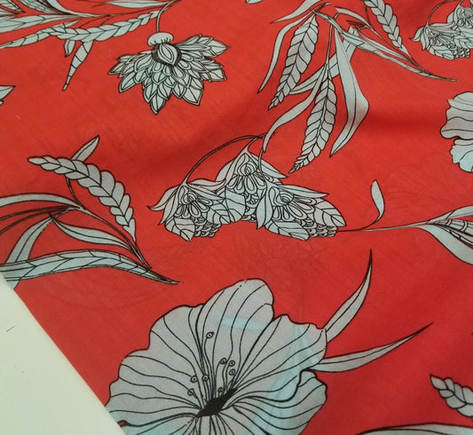 Designer Deadstock Red with Light Blue Floral Cotton Lawn 2.36 oz - Sold by the yard