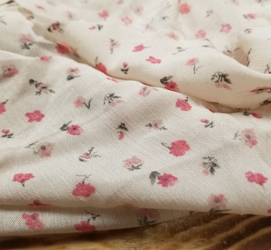 Designer Deadstock Rayon Crinkle Gauze Cream Pink Cottage Ditsy Floral Woven- Sold by the yard