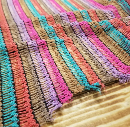 End of BOlt: 4 yards of Designer Deadstock Vertical Crochet  Lilac, Pink, Taupe, Mint Stripe Stretch-Remnant