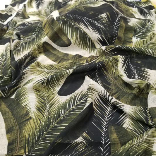 LA Finch 5 Yard Precut: 5 yards of Designer Deadstock Soft Crepe Blousewear Taupe and Green Foliage Resortwear Woven
