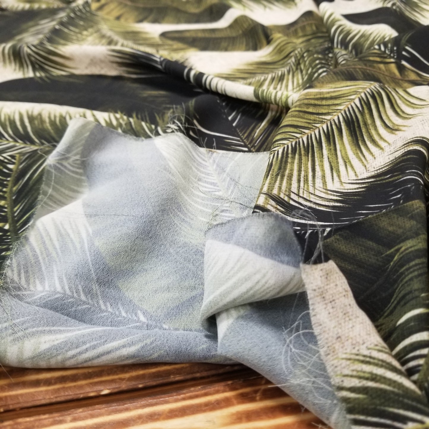 Designer Deadstock Soft Crepe Blousewear Taupe and Green Foliage Resortwear Woven-Sold by the yard