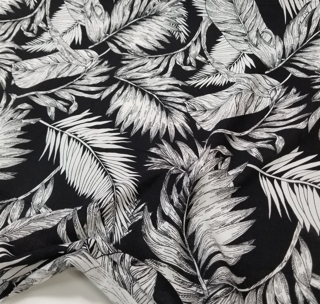 Designer Deadstock Black and White Resortwear Leaves Linen Woven- Sold by the yard
