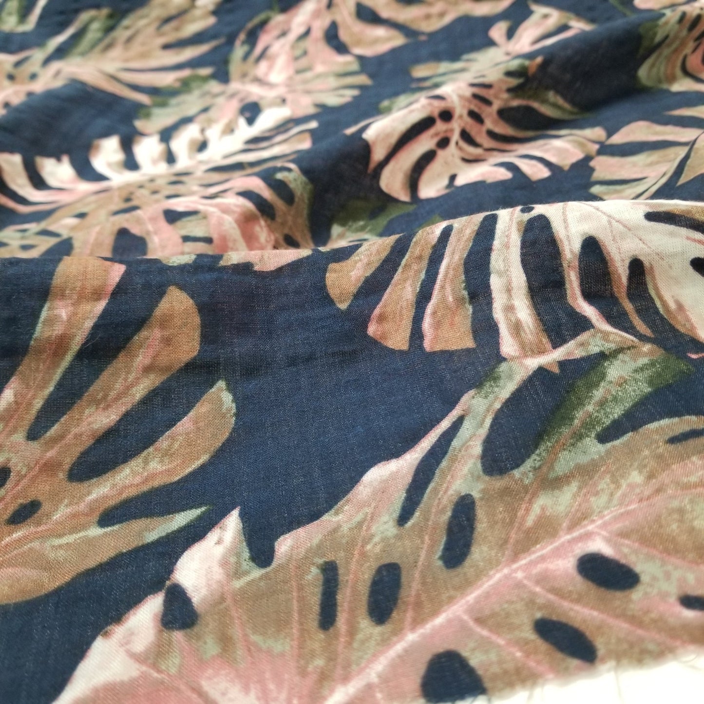 Designer Deadstock Navy and Taupe Foliage Cross Hatch Cotton Lawn 2.36 oz - Sold by the yard