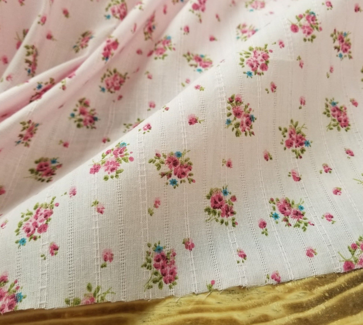 Designer Deadstock Vintage Cottage Roses Pink Ground 100% Cotton Textured 3oz Lawn- Sold by the yard