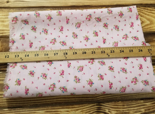 Designer Deadstock Vintage Cottage Roses Pink 100% Cotton Textured 3oz Lawn- Sold by the yard
