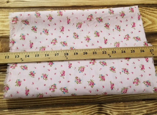Designer Deadstock Vintage Cottage Roses Pink Ground 100% Cotton Textured 3oz Lawn- Sold by the yard