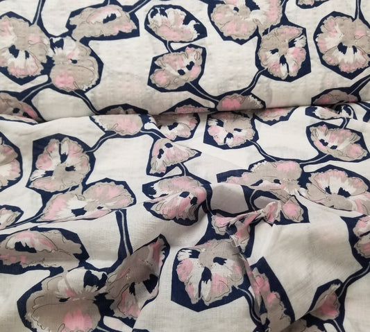 Designer Deadstock Ivory Floral Pink and Grey Cotton Lawn 2.36 oz - Sold by the yard