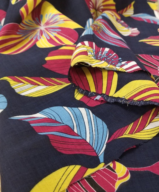 End of Bolt: 2.5 yards of Designer Deadstock Resortwear Yellow, Red ,and Blue  Floral Cotton Lawn 2.36 oz - remnant