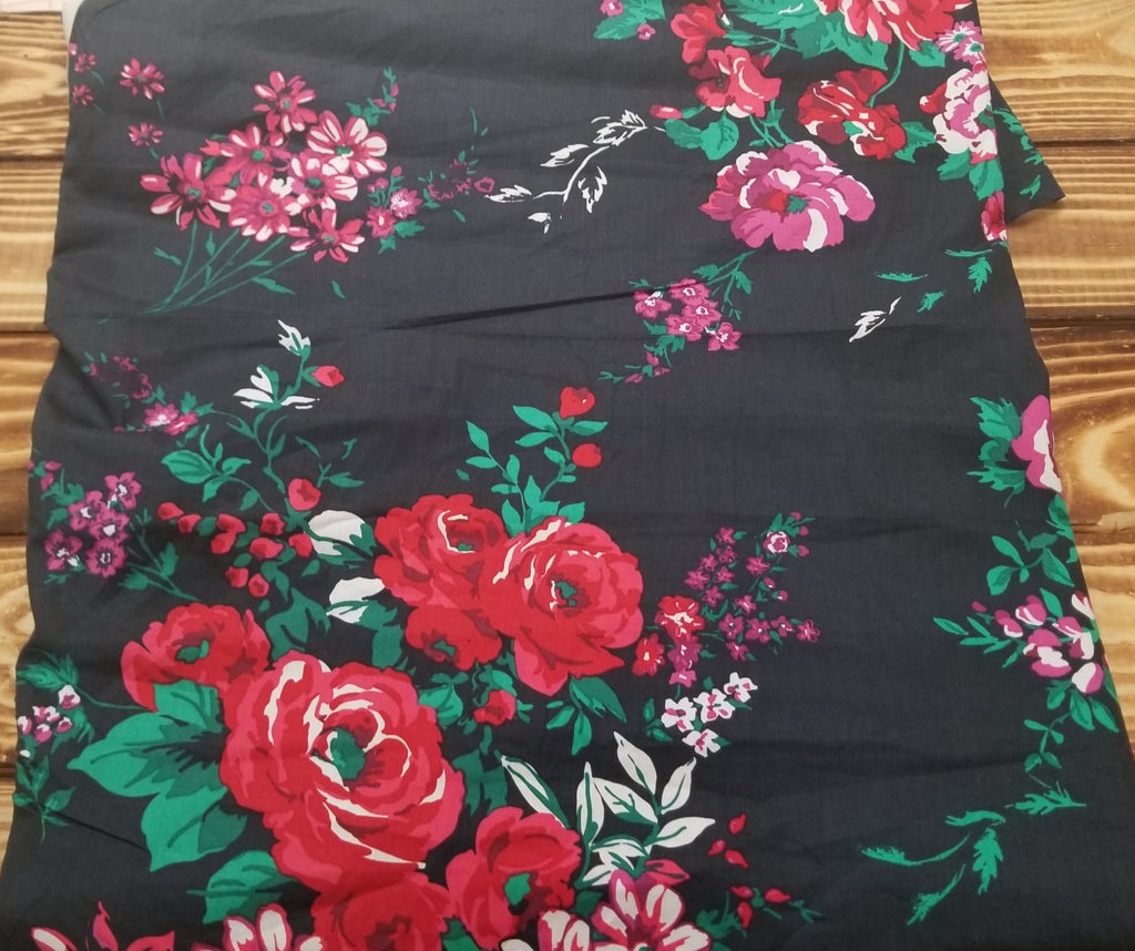 Designer Deadstock Faded Vintage Two Tone Black/Gray Large Floral Bouquet Cotton Slight Stretch Poplin- Sold by the yard