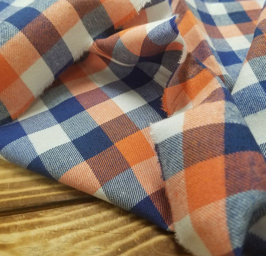 Designer Deadstock Yarn Dyed Single Brushed Flannel Azusa Orange Check Plaid Shirting Cotton Woven-Sold by the yard