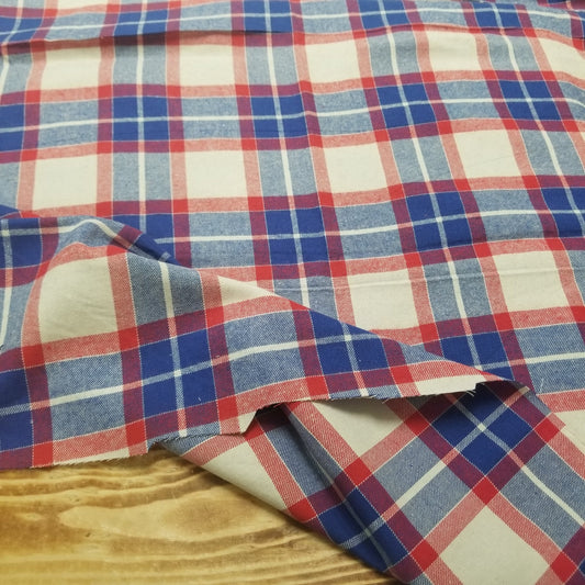 End of Bolt: 2.5 yards of Designer Deadstock Yarn Dyed Single Brushed Flannel Claremont Red and Blue Plaid Shirting Cotton Woven-Remnant