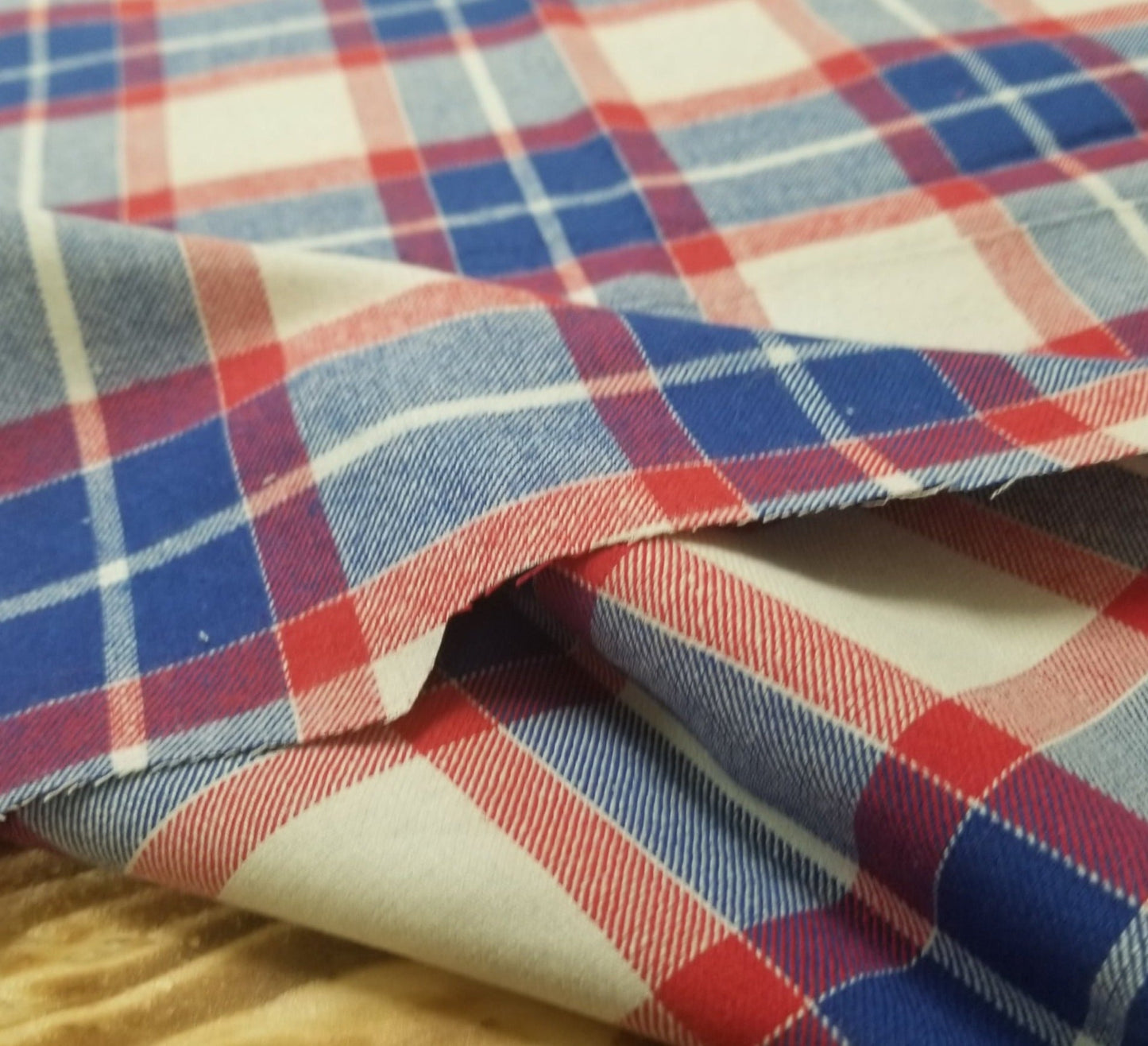 End of Bolt: 2.5 yards of Designer Deadstock Yarn Dyed Single Brushed Flannel Claremont Red and Blue Plaid Shirting Cotton Woven-Remnant