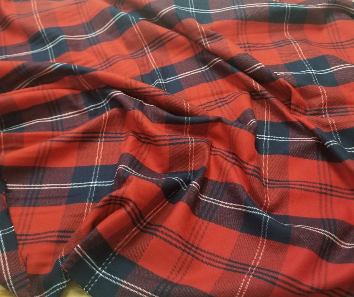 End of Bolt: 3 yards of  Designer Deadstock Yarn Dyed Single Brushed Flannel Glendale Red and Blue Plaid Shirting Cotton Woven-Remnant
