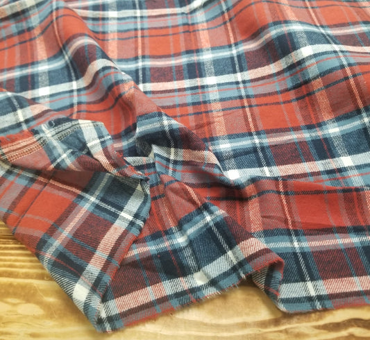 Designer Deadstock Yarn Dyed Single Brushed Flannel Burbank Red and Blue Plaid Shirting Cotton Woven-Sold by the yard