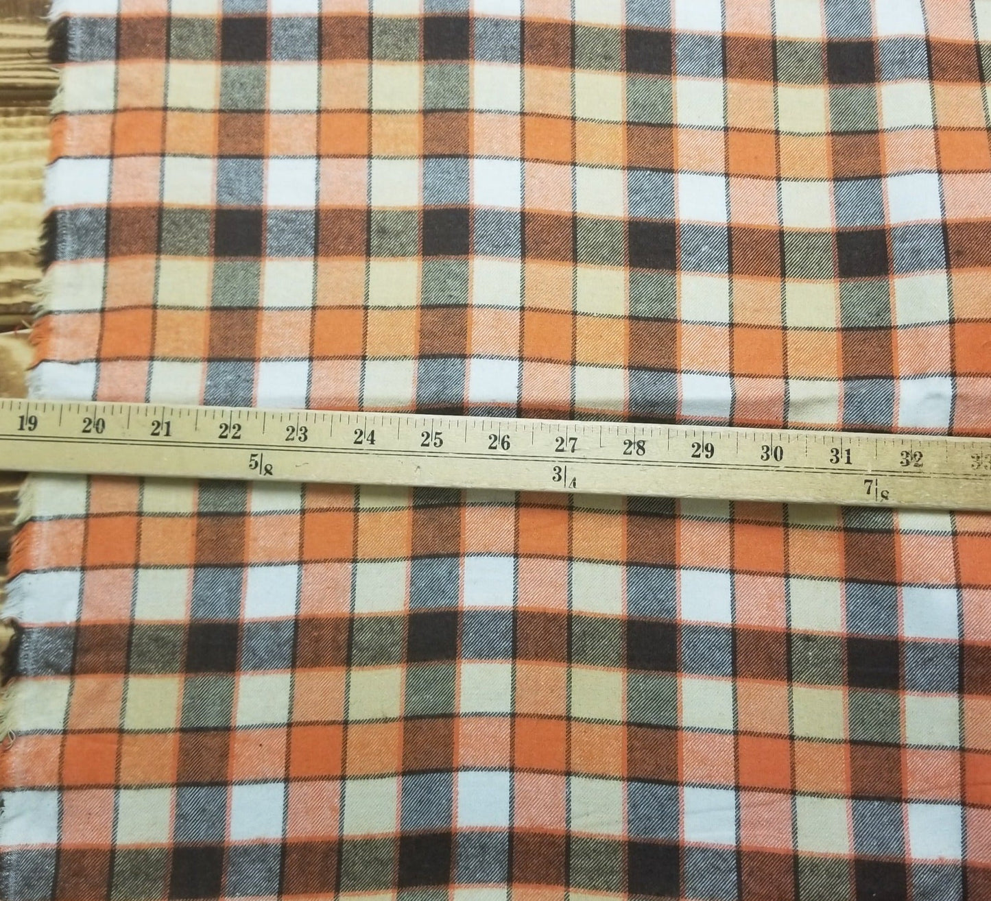 End of Bolt: 4 yards of Designer Deadstock Yarn Dyed Single Brushed Flannel Orange and Brown Fall Plaid Shirting Cotton Woven-remnant