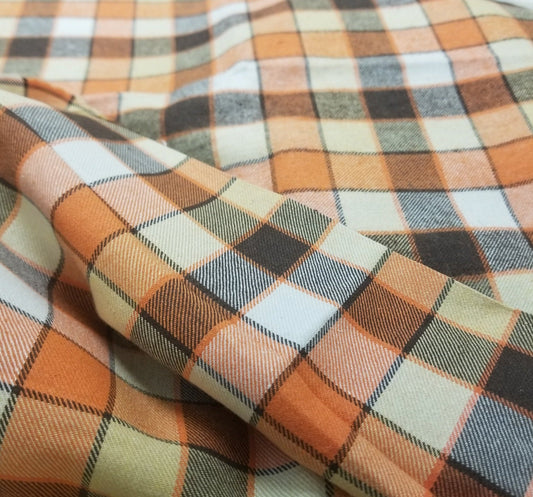 End of Bolt: 4 yards of Designer Deadstock Yarn Dyed Single Brushed Flannel Orange and Brown Fall Plaid Shirting Cotton Woven-remnant