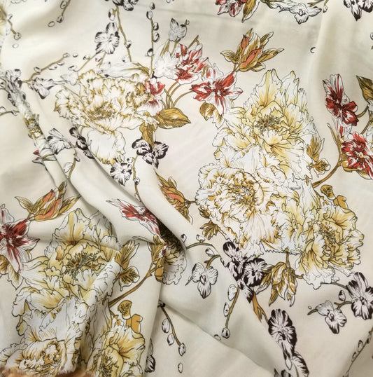 Designer Deadstock Vintage Fall Brown and Cream Floral Rayon Woven- sold by the yard