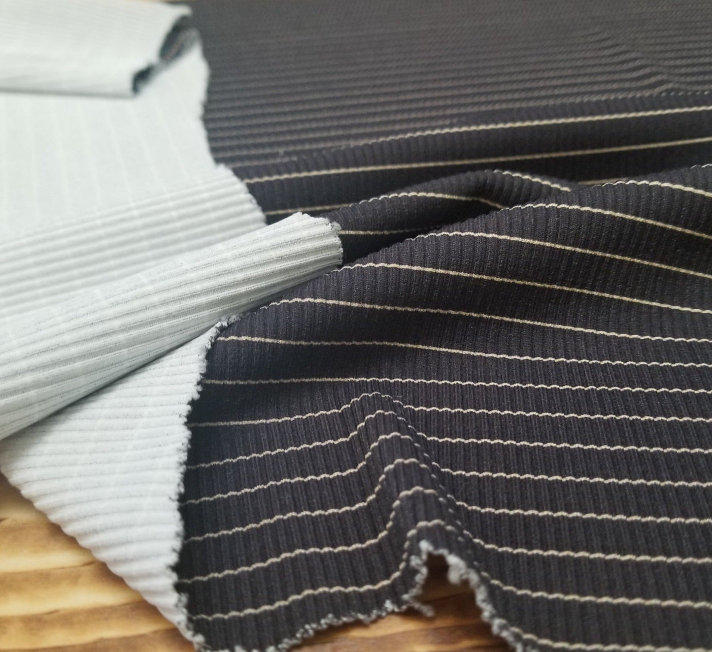 LA Finch 5 Yard Precut: 5 yards of Designer Deadstock Premium Spandex Rib Stripe Black and Khaki Performance/Activewear Knit