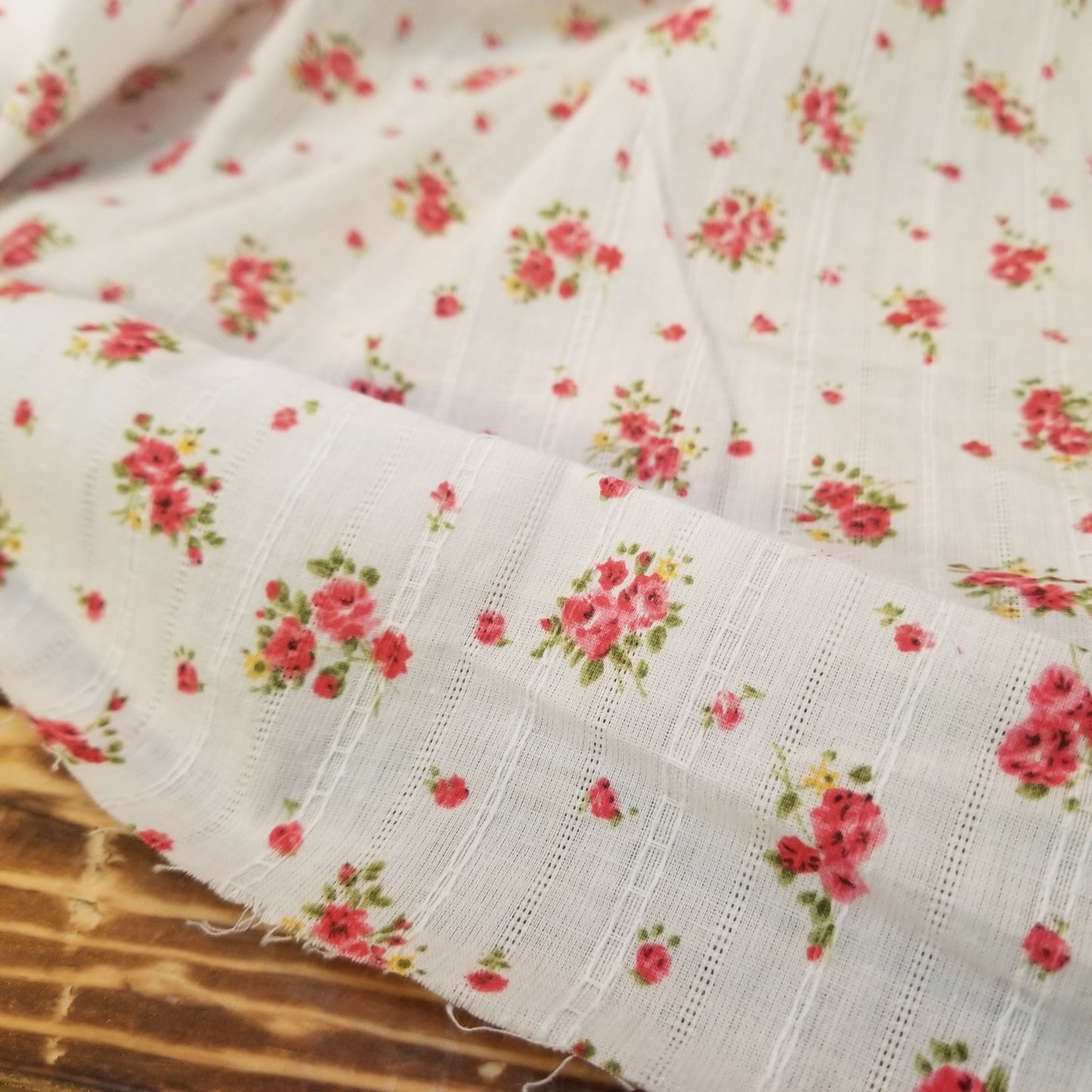 Designer Deadstock Vintage Cottage Roses White and Coral 100% Cotton Textured 3oz Lawn- Sold by the yard