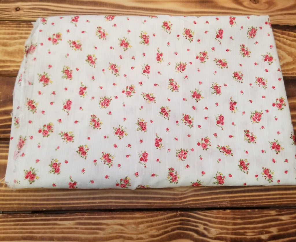 Designer Deadstock Vintage Cottage Roses White and Coral 100% Cotton Textured 3oz Lawn- Sold by the yard