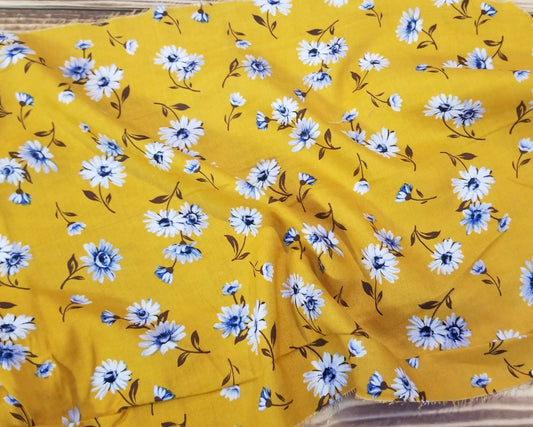 Designer Deadstock Yellow Floral Rayon Challis Print Woven-Sold by the yard