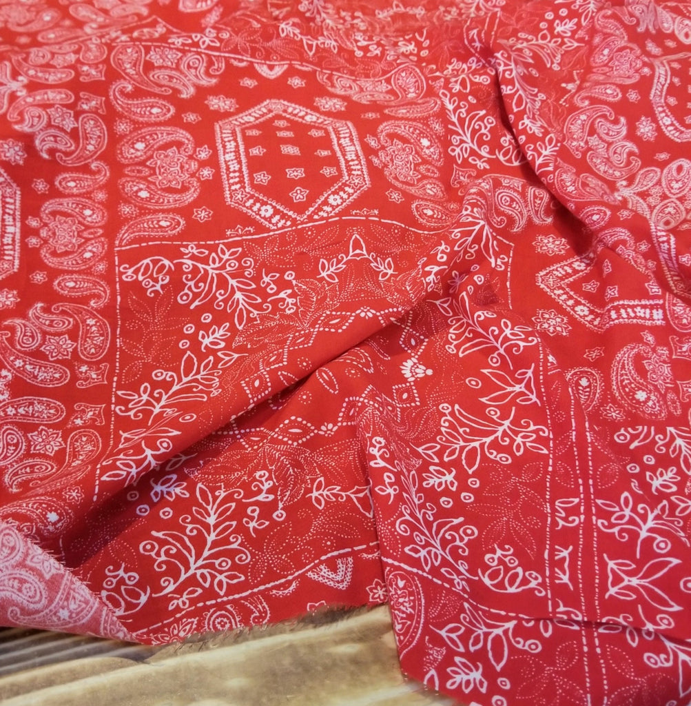 Designer Deadstock Apple Red Bandana Rayon Challis Print Woven-Sold by the yard