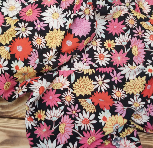 Groovy Double Brushed Poly Spandex Black Floral Knit- Sold by the yard
