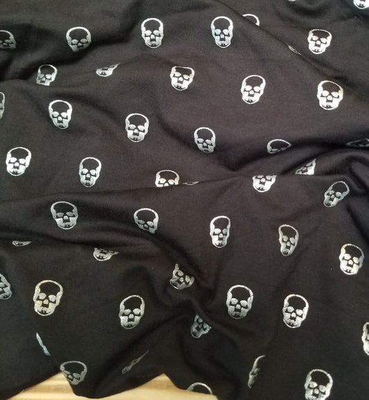 End of Bolt: 1 yard of  Designer Deadstock Black Cotton Modal Spandex Metallic Printed Skulls Jersey Knit Medium Weight-Remnant