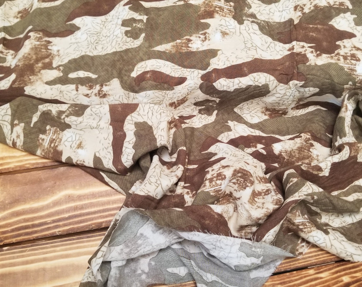 Fashion Distressed Camouflage Cream Rayon Challis Woven-by the yard