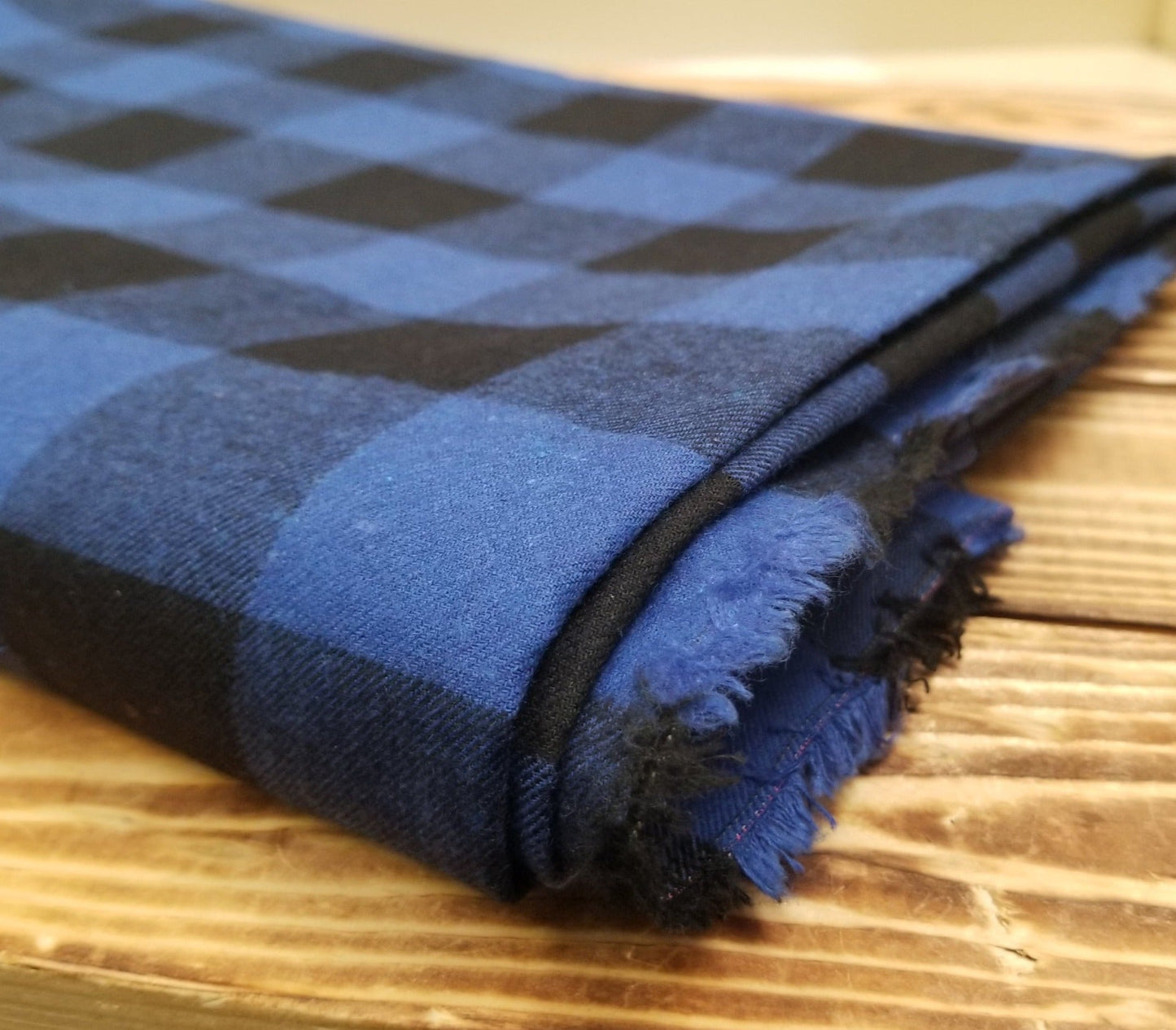 End of Bolt: 1.5 yards of Designer Deadstock Yarn Dyed Single Brushed Flannel Navy and Black Whittier Plaid Shirting Cotton Woven-Remnant