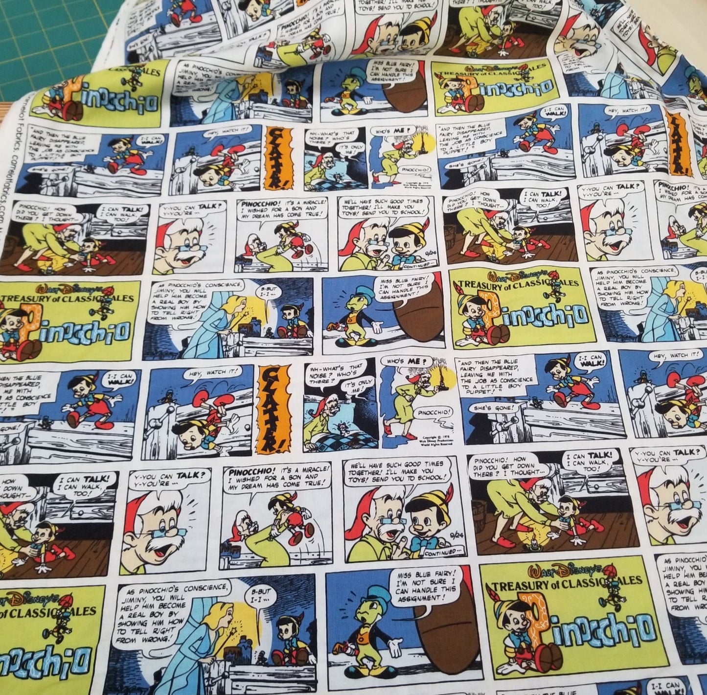 End of Bolt: 2.5 Camelot Fabrics licensed Disney Pinocchio Comic Strip 100% Cotton Woven-remnant