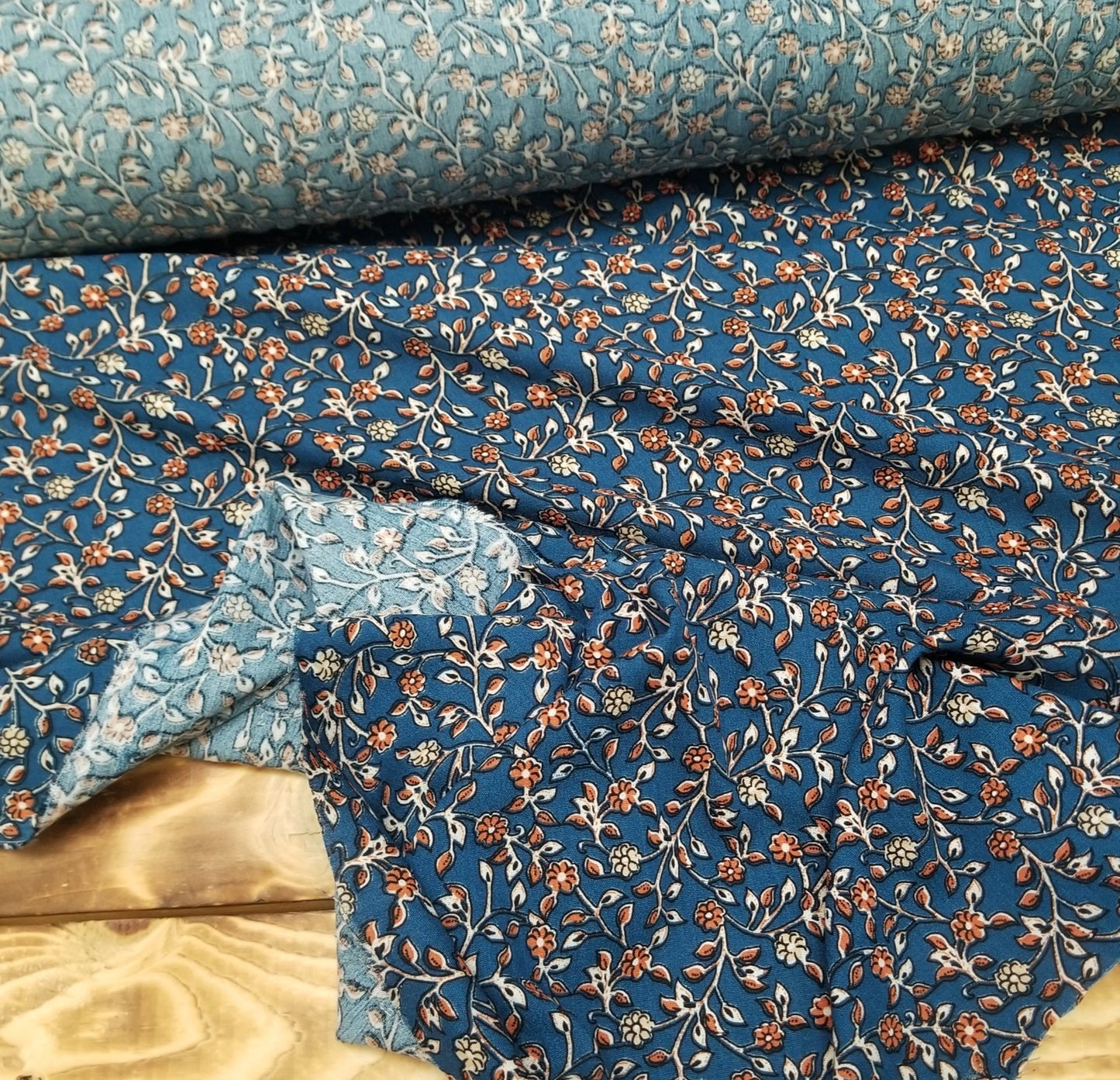 Designer Deadstock Rayon Crinkle Crepe Stretch Navy and Rust Boho Floral Woven- By the yard