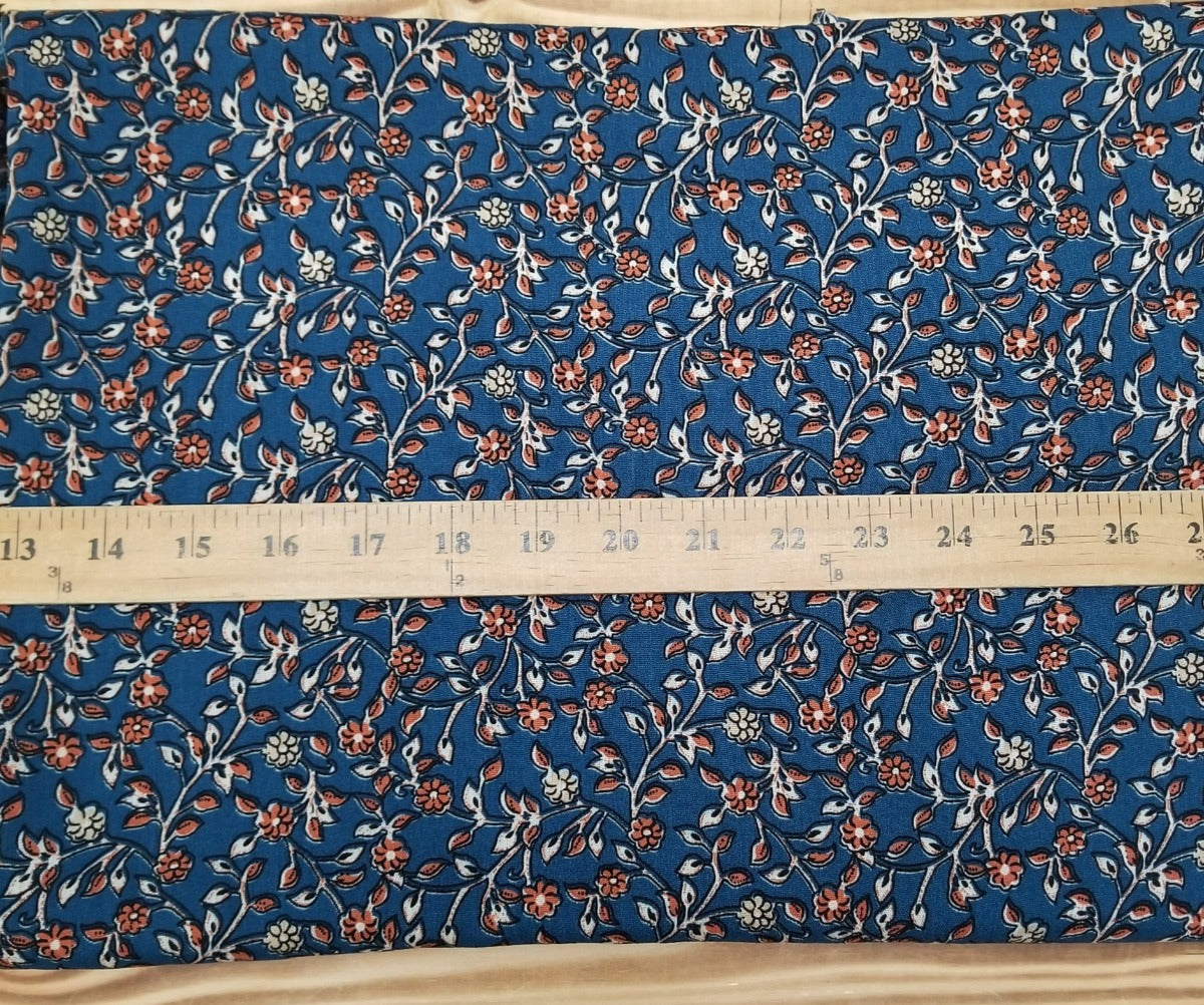 Designer Deadstock Rayon Crinkle Crepe Stretch Navy and Rust Boho Floral Woven- By the yard