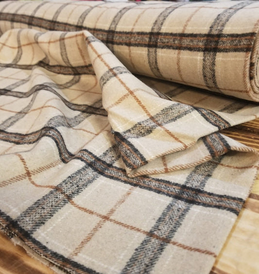 End of Bolt: 2-3/4th yards of Wool Blend Melton Plaid Light Brushed Plaid Khaki Woven- Remnant