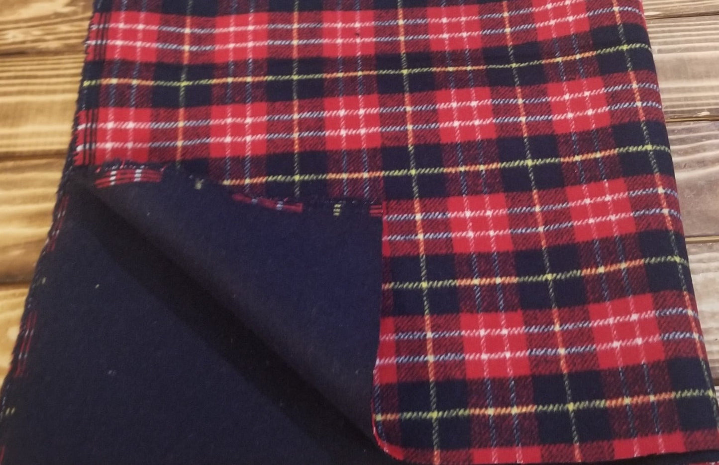 End of Bolt: 2.5 yards of Wool Blend Melton Double Sided Brushed Red Plaid and Navy Solid Woven- remnant