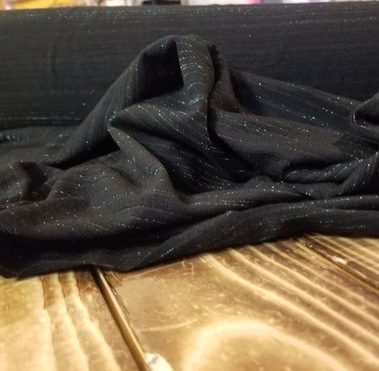 End of Bolt: 2-7/8th yards of  Designer Deadstock Wool Stripe Metallic Lurex Black Jersey Knit- Remnant