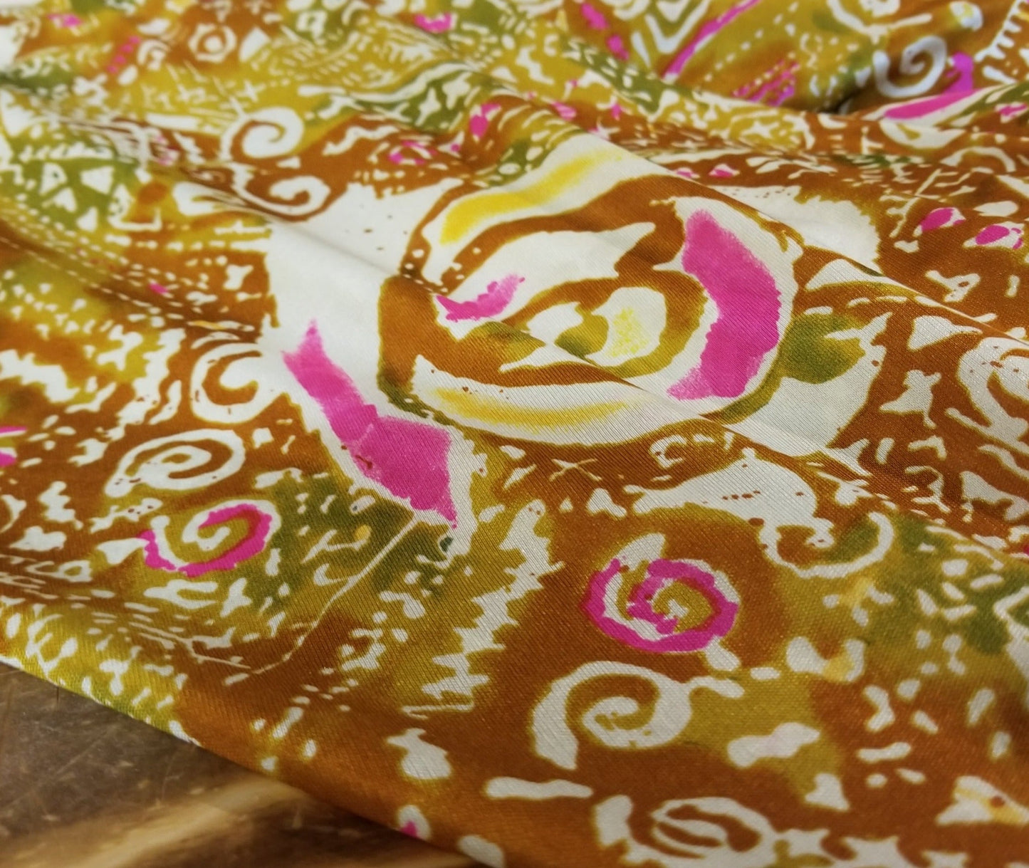 End of Bolt: 4 yards of Designer Deadstock Silk Jersey Bohemian Mustard and Pink Posies Printed Knit-remnant