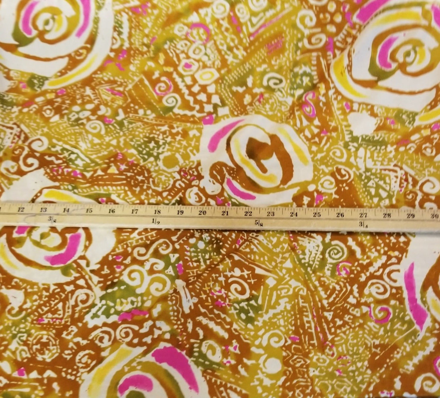 End of Bolt: 4 yards of Designer Deadstock Silk Jersey Bohemian Mustard and Pink Posies Printed Knit-remnant