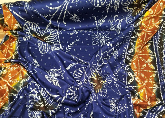 End of Bolt: 2-5/8th yards of Designer Deadstock Silk Jersey Double Border Bohemian Abstract Royal Blue and Golden Yellow Printed Knit-remnant