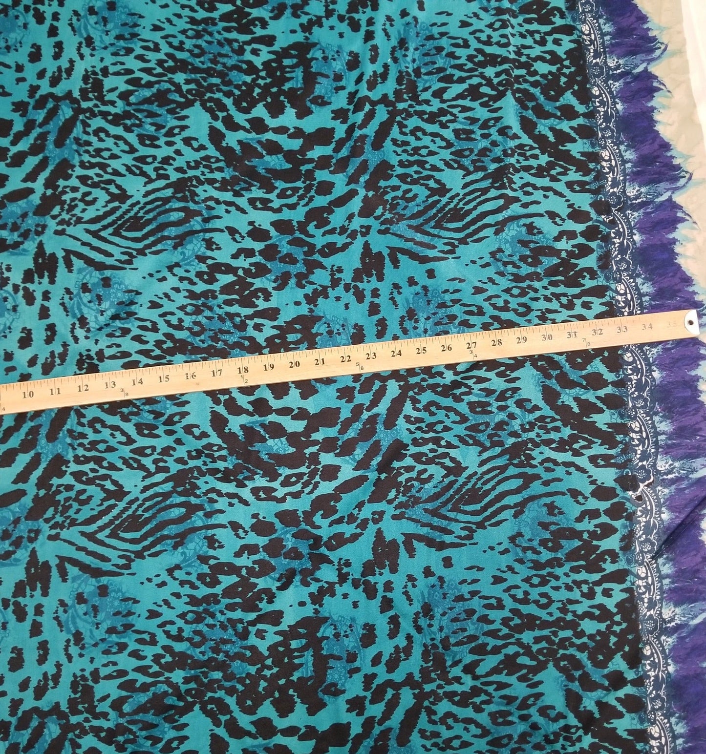 End of Bolt: 2-5/8th yards of Designer Deadstock Silk Jersey Double Border Bohemian Animal Print and Lace Printed Knit-Remnant