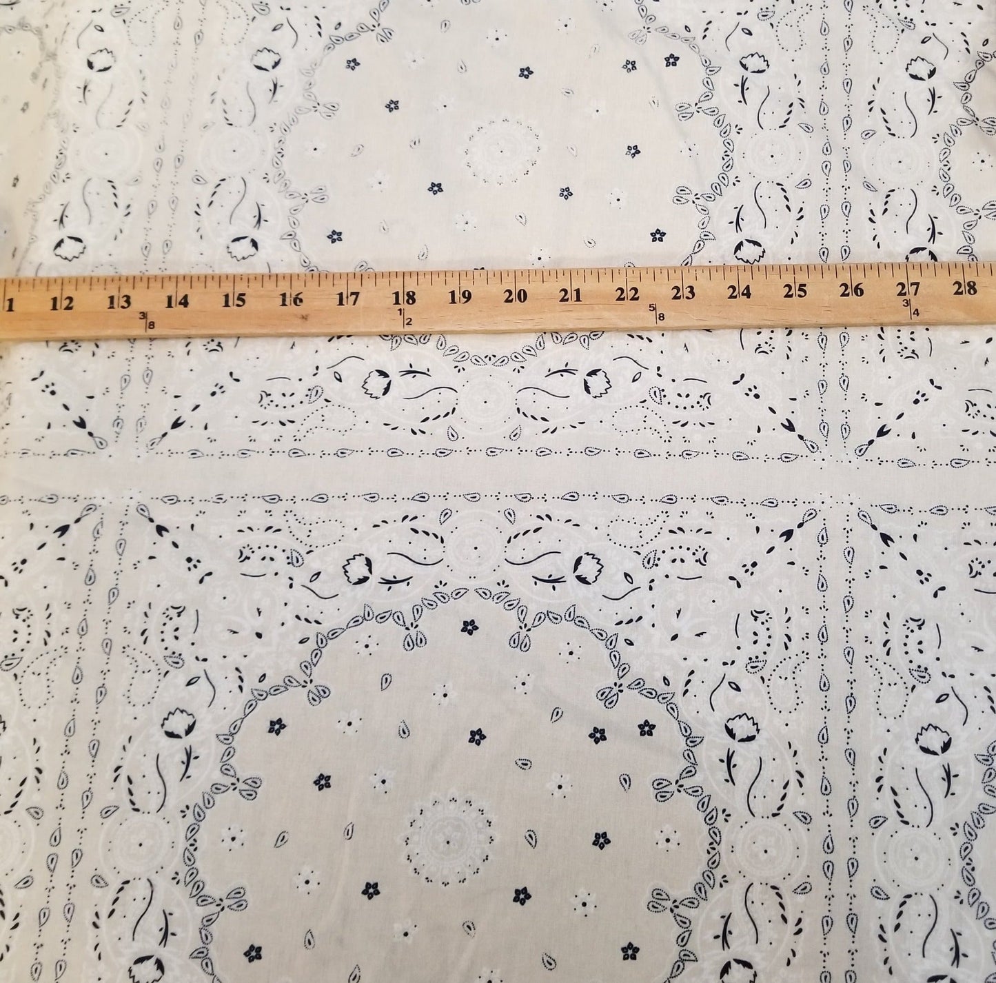 End of Bolt:1-1/4th yards of Cotton Linen Deadstock Bandana Cream Beige and Navy  Woven- Remnant